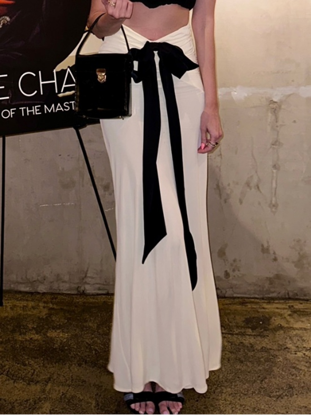 Ivory Maxi Skirt with Black Bow Detail